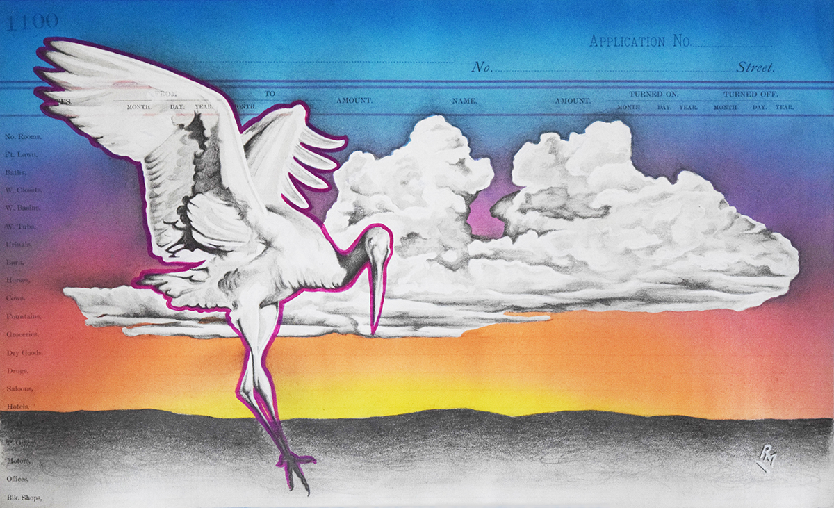 Crane Clouds Revisited, 7.5in x 17in, Airbrushed/Brushed Acrylic & Graphite on Antique 1897 Ledger Paper