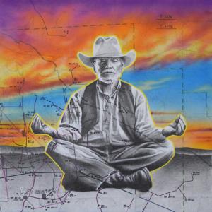 Cowboy Concentration, 12in x 12in, Airbrushed/Brushed Acrylic & Graphite on Gas Pipeline Map 