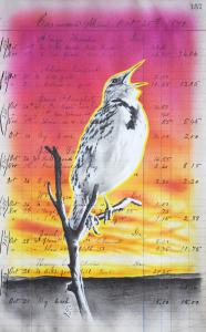 "First Speaker" 13in x 8in, Airbrushed/Brushed Acrylic & Graphite on Antique 1870 Ledger Paper