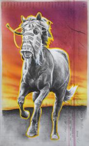 "Thunder of Hooves" 13in x 8in, Airbrushed/Brushed Acrylic & Graphite on Antique 1897 Ledger Paper